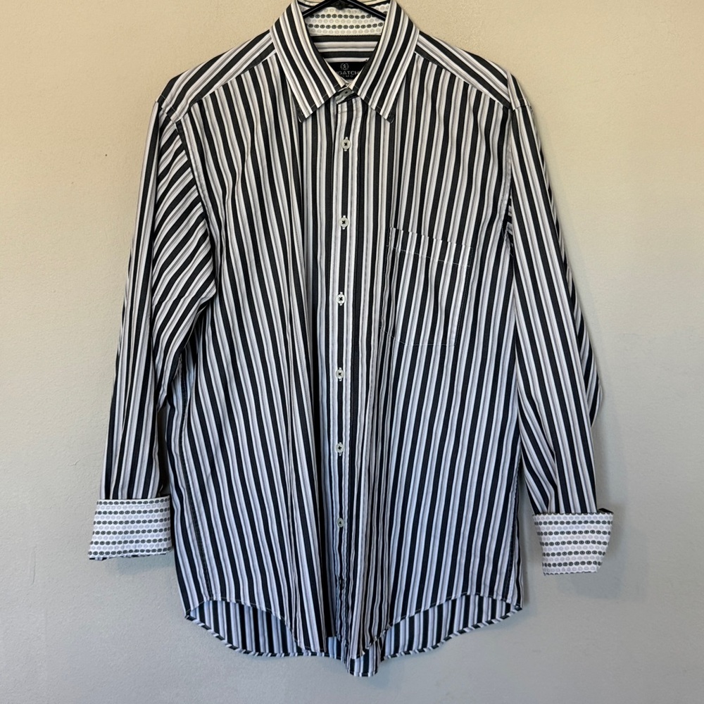 BUGATCHI UOMO Men Large Gray Black Striped Long Sleeve Dress Shirt Contrast Cuff